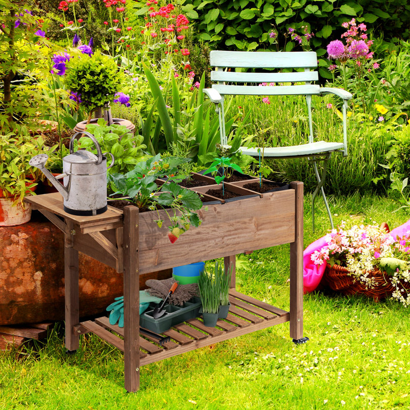Brown Wooden Raised Garden Bed with Storage Shelf