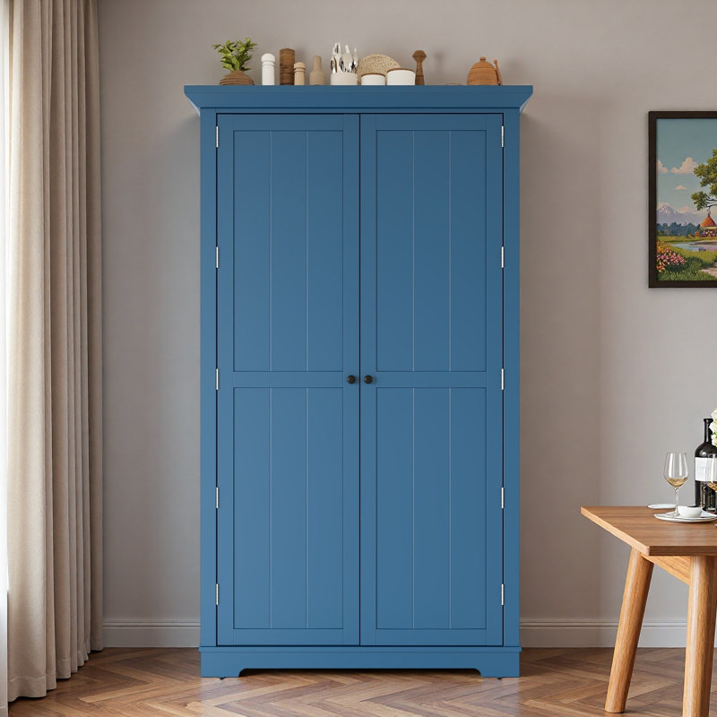 Garde-manger autoportant avec tiroirs, tablettes de porte, tablettes réglables et plateaux coulissants, Bleu