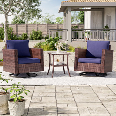 Dossena Swivel Conversation 3 Piece Rattan Seating Group with Cushions by Ebern Designs