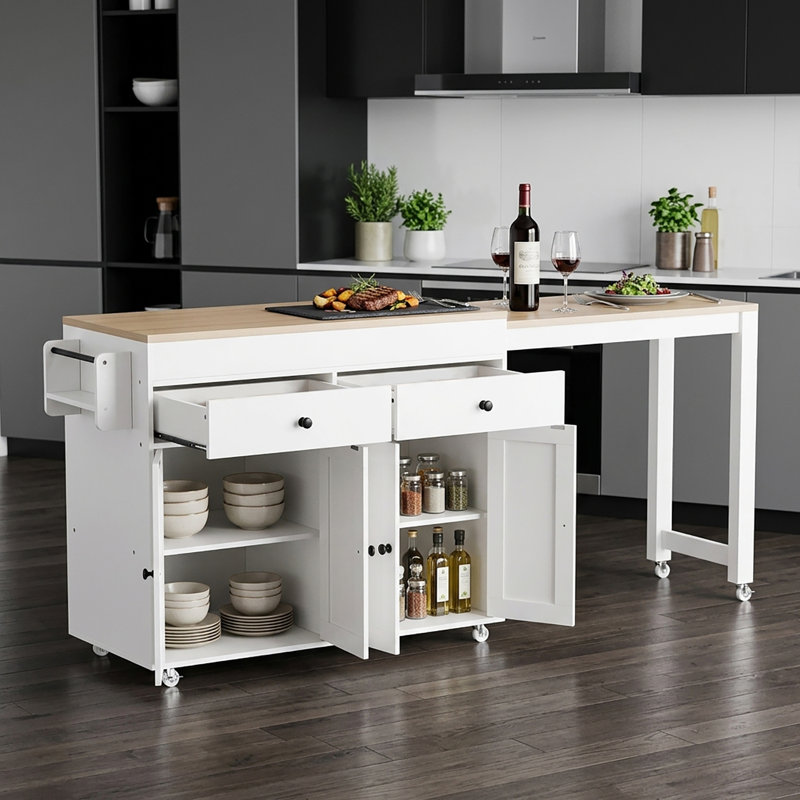 Îlot de cuisine à roulettes blanc de 189 cm (74,5 po) avec table à manger extensible, tablette à épices, 2 tiroirs et armoire à 4 portes