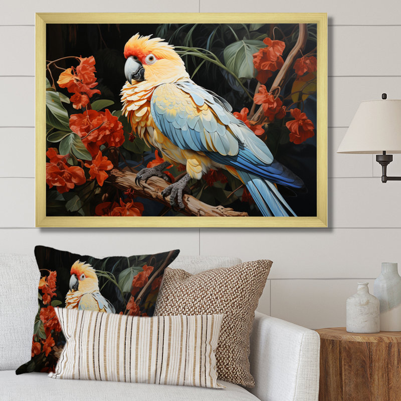 Beige Blue Parrot Vibrant Plumage Pastoral I - Animals Wall Decor, Cadre doré à une seule photo, H 24 po x l 32 po x P 1 po