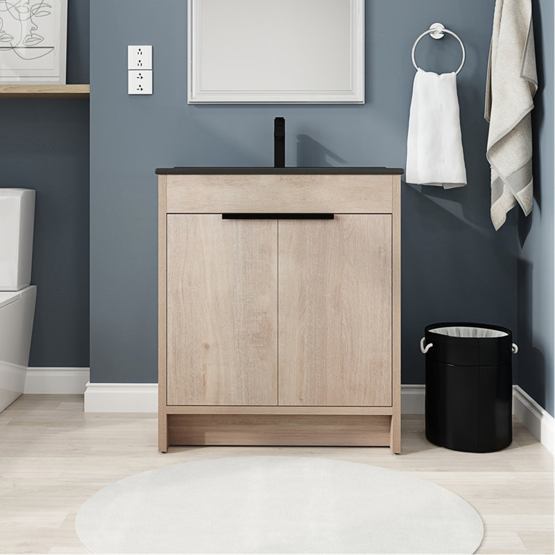 Meuble-lavabo autoportant avec lavabo en céramique et 2 portes d'armoire à fermeture en douceur