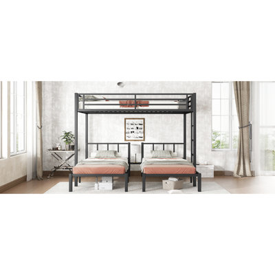 Lit superposé en métal pour lit superposé simple et grand bruit noir détachable avec barrière de sécurité et tablette pour ranger les vêtements