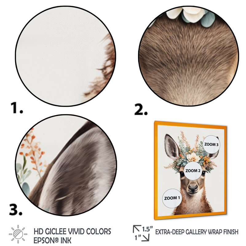 Mignon bébé kangourou avec couronne florale - impression sur toile tendue, H 40 po x l 30 po x P 1,5 po