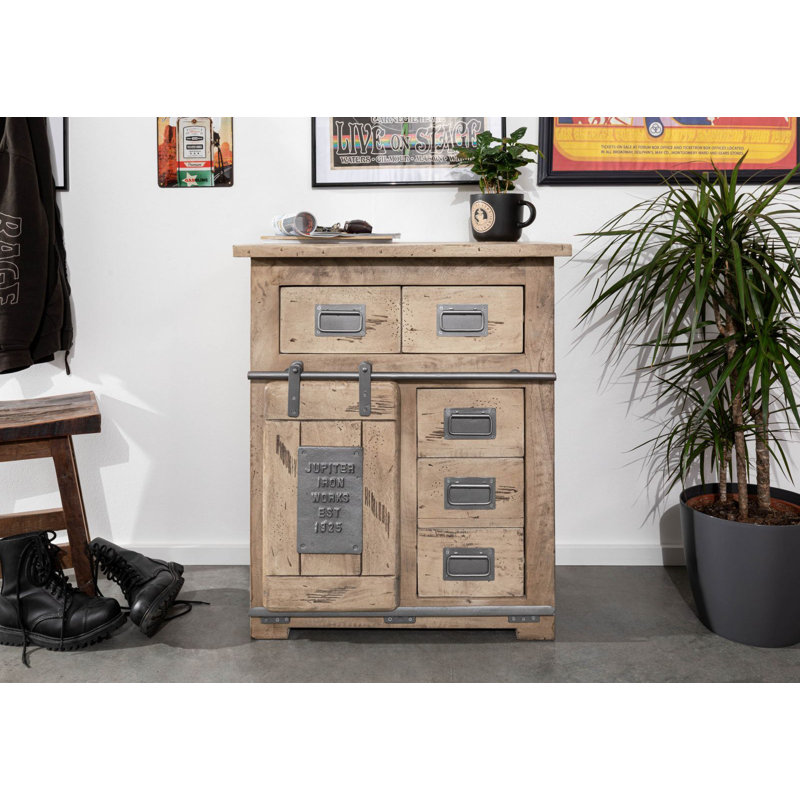Railway Solid Wood 70 cm W Chest of 5 Drawers, Whitewash Lacquered
