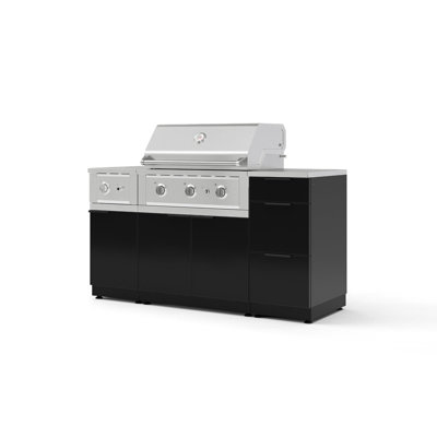Ensemble d'armoires d'extérieur en aluminium noir 6 pièces avec 3 tiroirs, armoire de barbecue, barbecue au propane liquide 33 po, brûleur latéral et comptoir en acier inoxydable de 16 po
