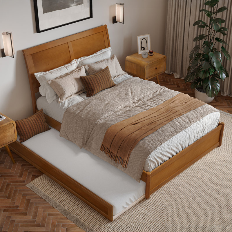 Lit plateforme en bois massif Lamayia avec pied de lit et lit gigogne, Complète, Caramel clair