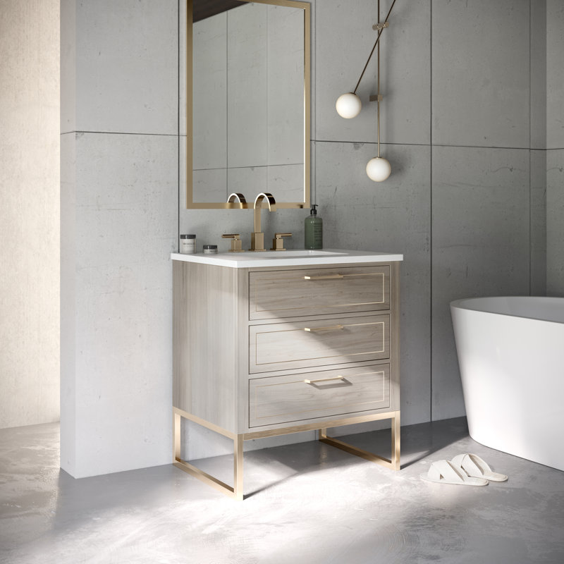 Markham 30'' W Single Vanity, Cashmere Gray, Satin Brass, Universal Calacatta Quartz
