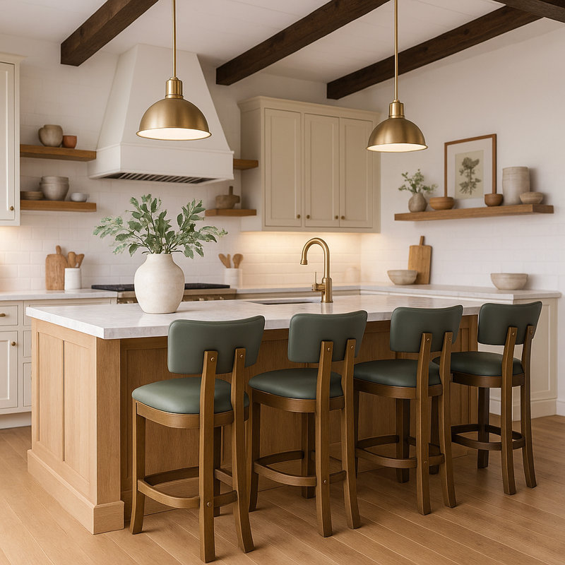 Tabouret de comptoir rembourré en cuir Phalan, Noyer teinté, Cuir olive végétalien
