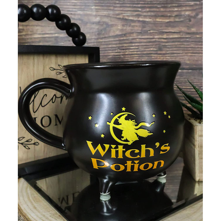 Ebros Ceramic Wicca Hocus Pocus Witch Black Cauldron Magical Witches Broth Dipping or Condiment Bowl or As Large Mug 18oz with Broom Spoon Serveware S