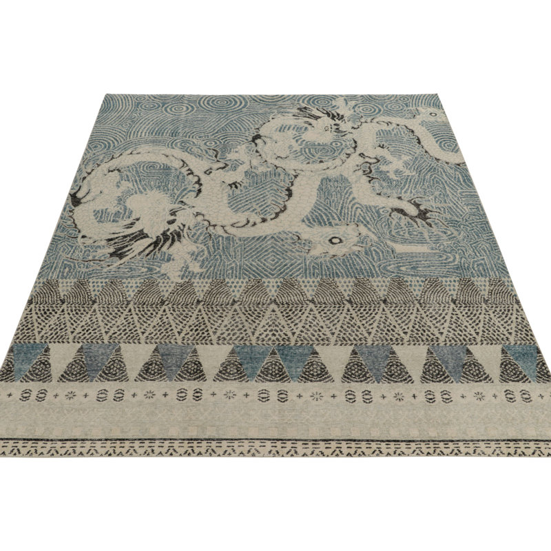 Distressed Dragon Rug In Blue, Gray & Black Pictorials By Rug & Kilim, Rectangle 13' x 19'