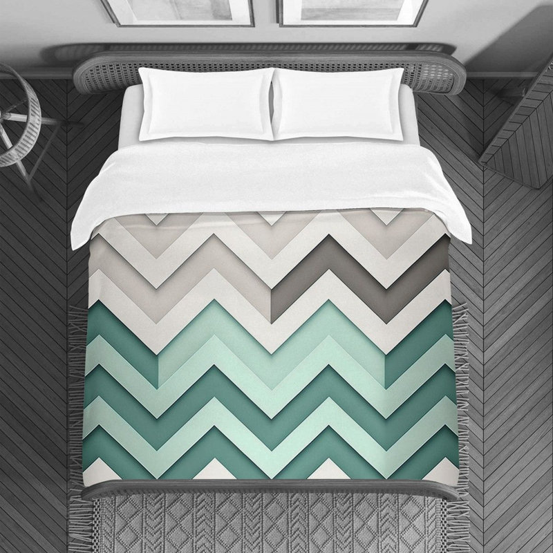 Housse de couette à chevrons, Housse de couette pour grand lit, Gris / turquoise