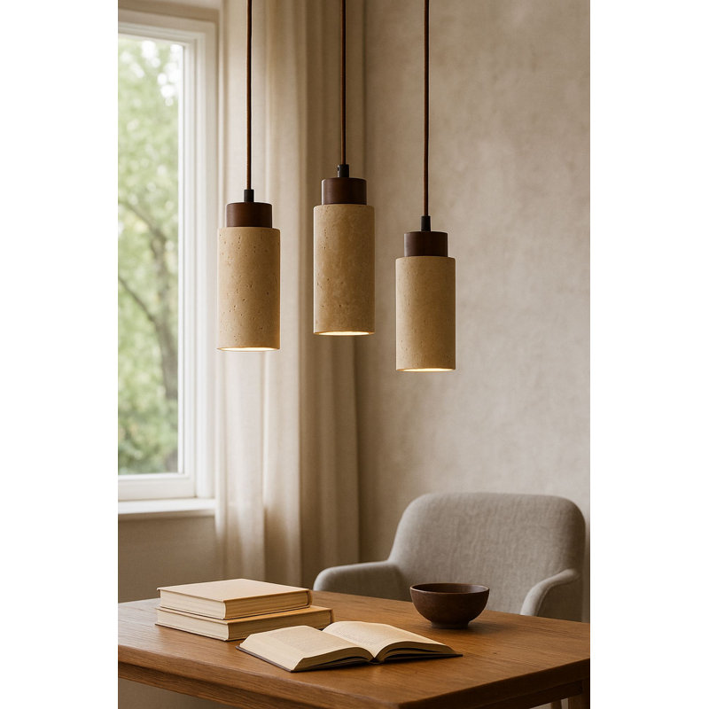 Elegant Adjustable Chandelier, Wood Veneer & Metal Body, Beige/Walnut Finish, 9.8 x 7.1 inches | Cap Size: Ø2.6 x 7.1 inches | Total Height: 9.1 - 60.2 inches | 3 x GU10 Max 10W Socket (Bulb Not Included), Stylish Lighting for Home Decor