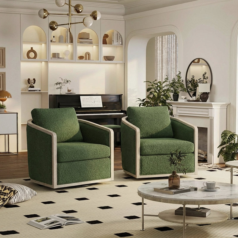 Holl Two Pieces 30" Wide Performance Fabric Upholstered Swivel Chair, No Assembly Required, Green Boucle