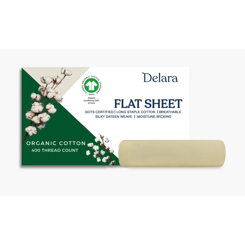 Drap-housse en satin de coton 100% biologique Delara GOTS, Drap plat de taille très grand, Vert sauge