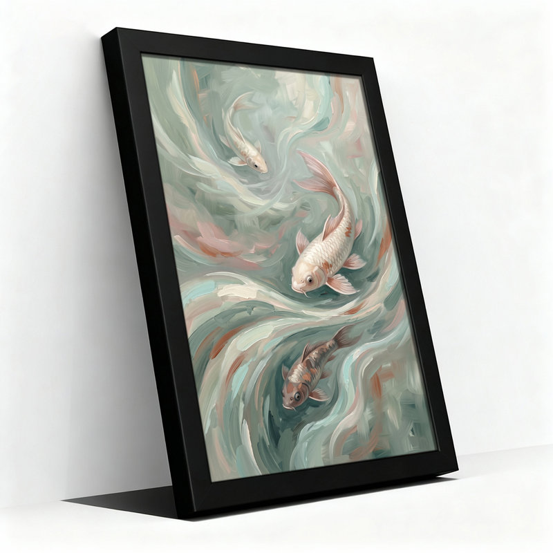 «Three Koi Fish», art mural sur toile bleu sarcelle et rose, H 36 po x l 24 po