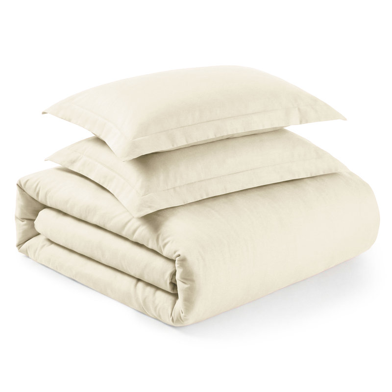 1200 Thread Count Cotton-Polyester Blend Solid Sateen Weave 3-Piece Duvet Cover Set, King/California King + 2 Shams, Ivory
