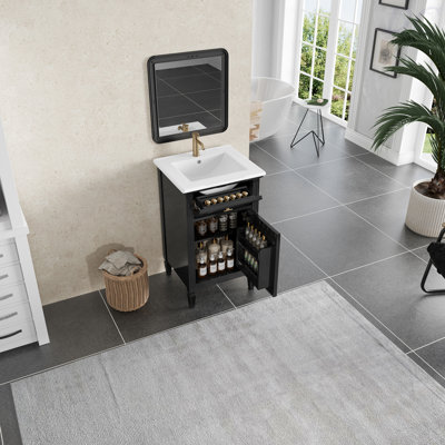 Meuble-lavabo de 20 po avec lavabo, pieds en bois massif, tablette réglable, tiroir inclinable, boutons en alliage de zinc, armoire autoportante moderne pour petite salle de bain