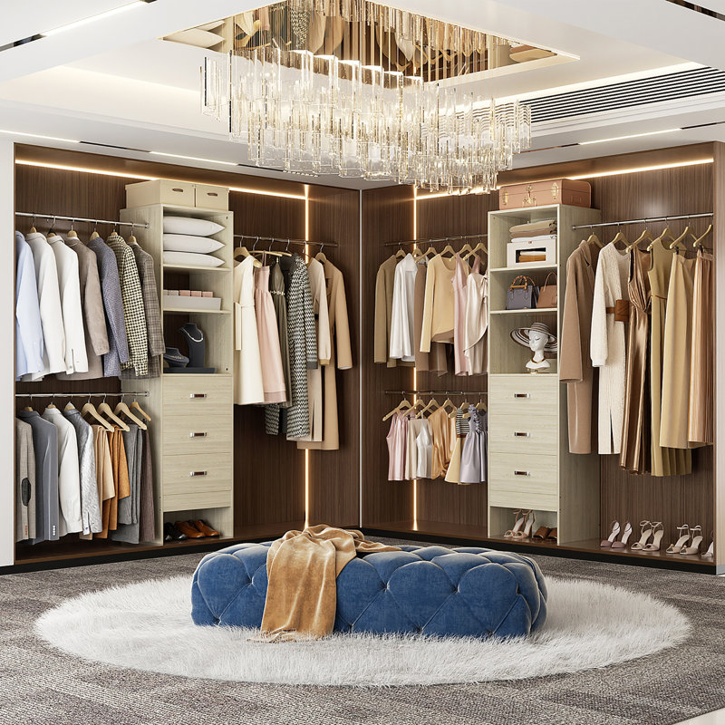 21"-96" Closet System With 3 Drawers And 3 Rods(Can Be Cut To Fit), Oak Wood
