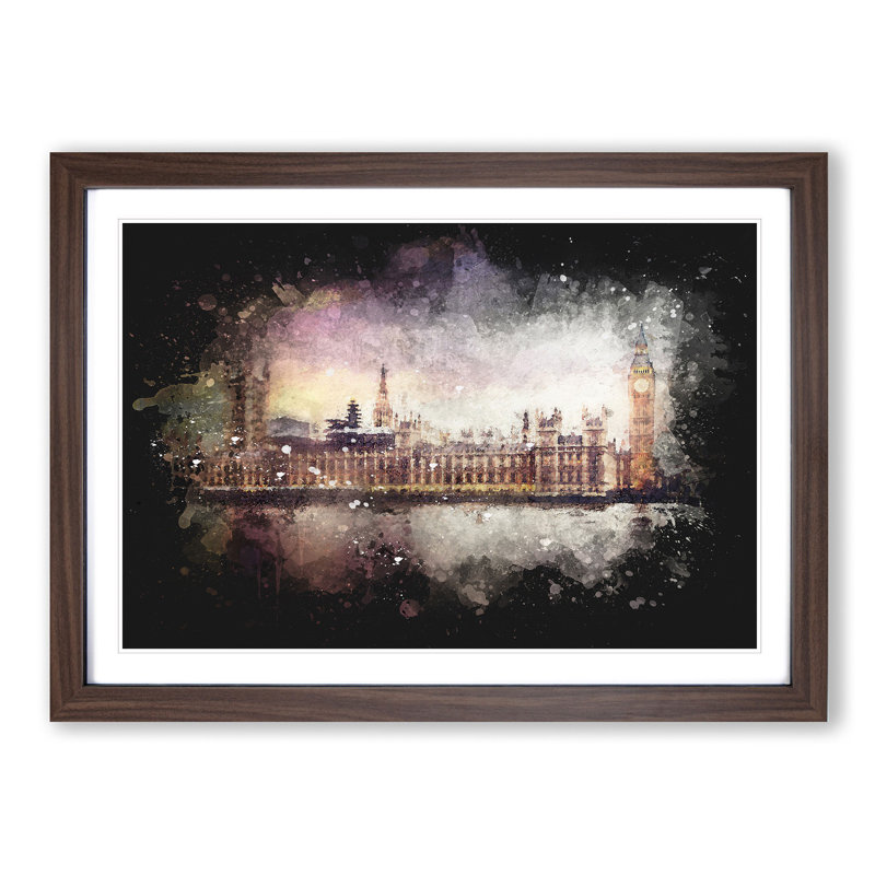 Big Ben & Houses Of Parliament Paint Splash - Picture Frame Graphic Art, 62cm H x 87cm W x 2cm D, Walnut Framed