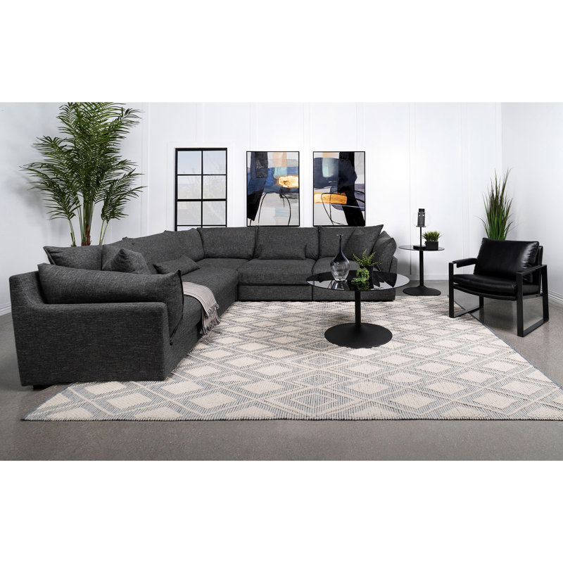 Canapé modulaire 5 pièces noir, bois de pin et contreplaqué, coussins en plumes de mousse, amovibles pour l'entretien