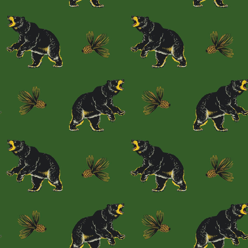 Roaming Black Bear - Prep Forest Green Wallpaper, Black; Green, Non-Pasted, Faux Grasscloth