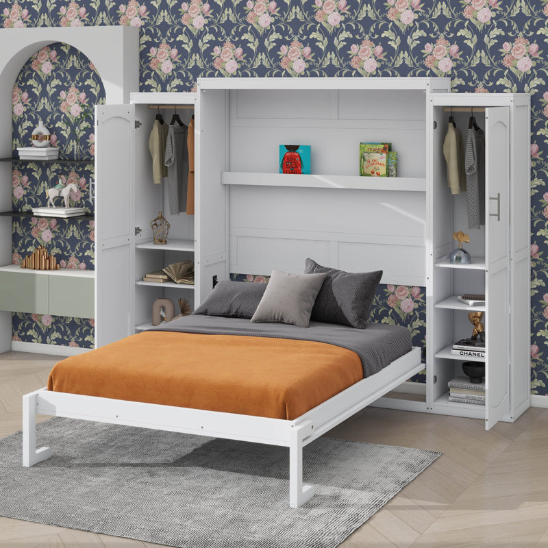 Grand lit escamotable avec 2 garde-robes et tablette de rangement, cadre de lit pliable multifonctionnel pour chambre d'amis
