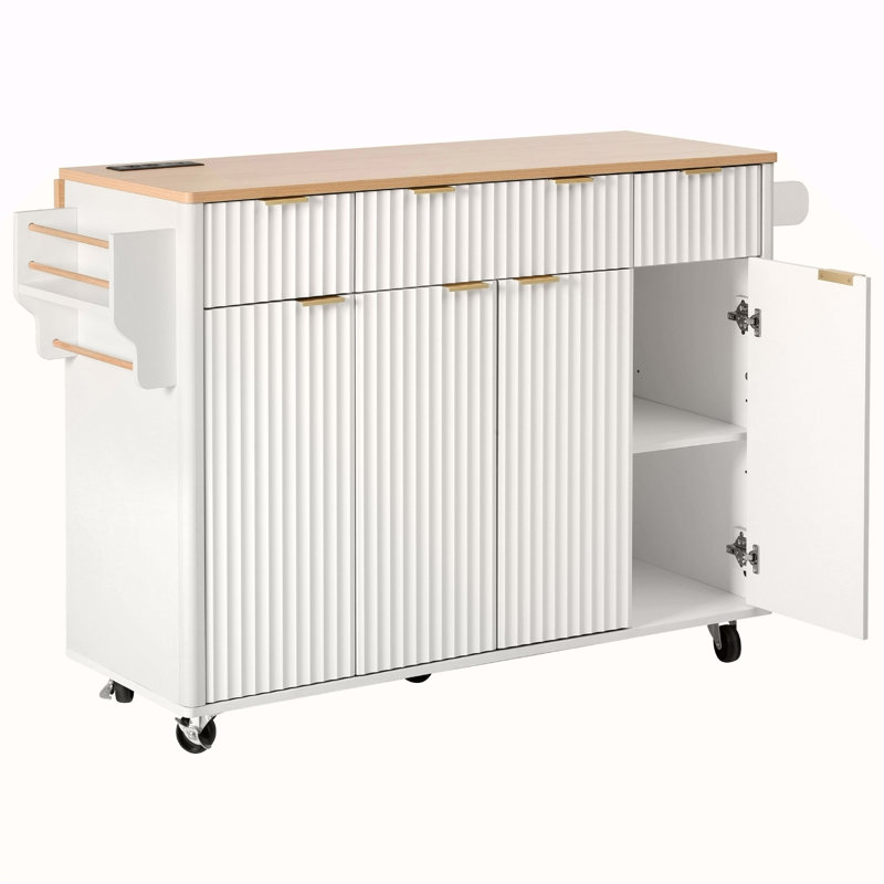 Fluted Kitchen Island With Storage, 55.5" Kitchen Island With Drop Leaf, Power Outlet, 4 Doors And 3 Drawers, Rolling Island Table With Wood-Grain Top, Curved Edge For Kitchen,Dining Room