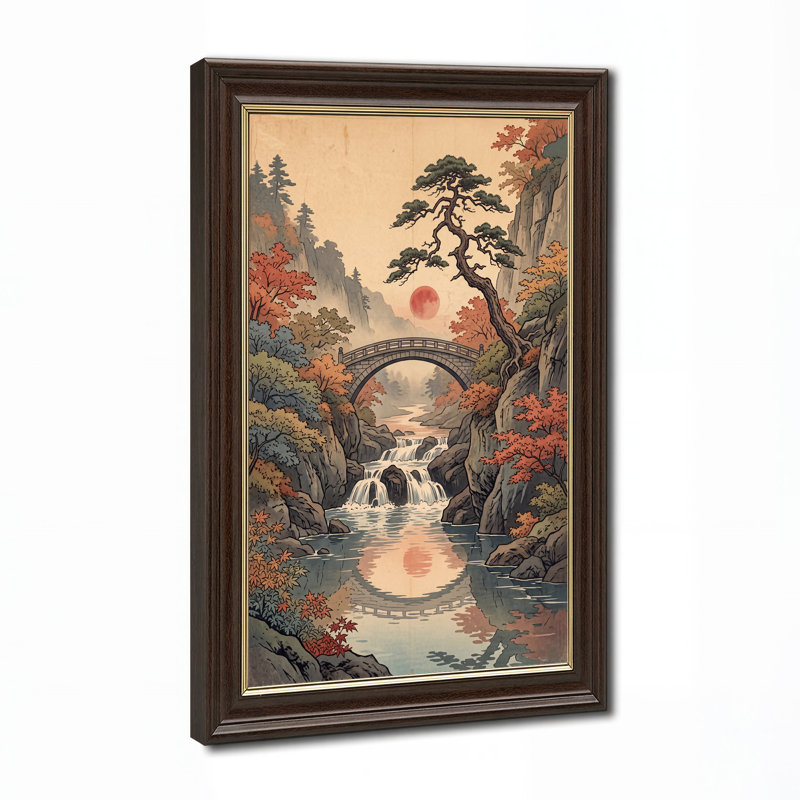 «Stone Arch Bridge Over Waterfall in Autumn Forest», art mural sur toile, 24"H x 16"W