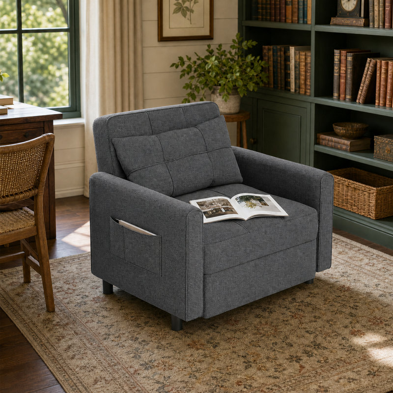 3-in-1 Convertible Pull Out Sleeper Chair, Adjustable Backrest 100°-180° Upholstered Single Sofa Bed with Side Pocket & Casters,Linen Accent Chair for Living Room Guest Room