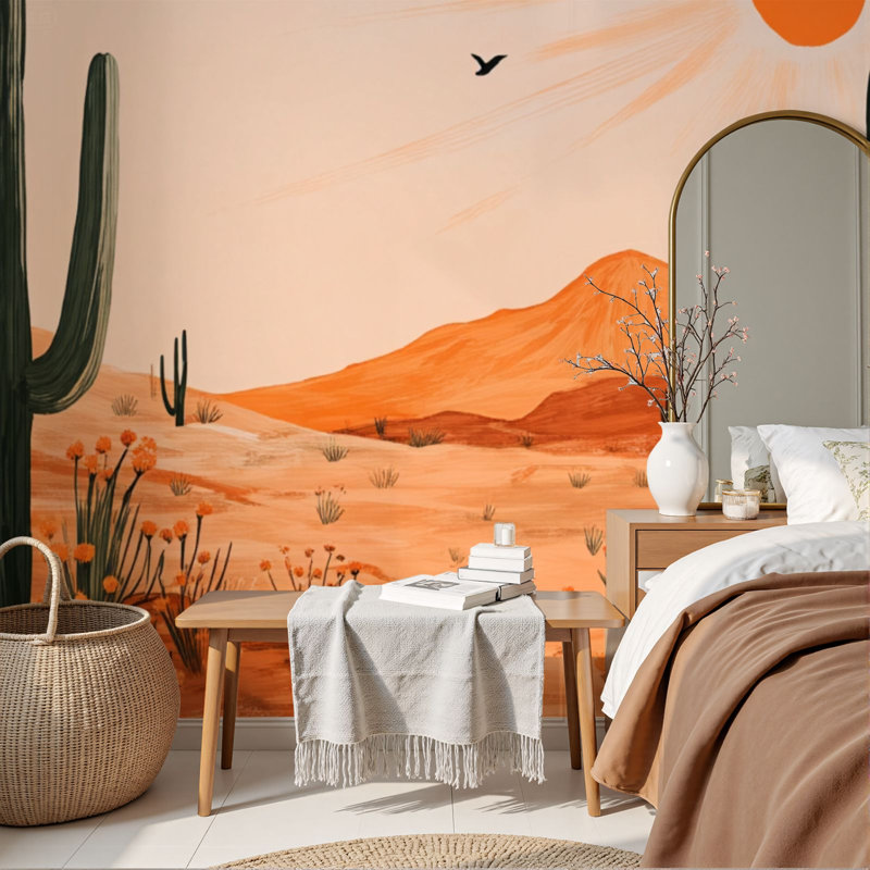Papier peint auto-adhésif Cactus Desert Boho Succulent Sunset Landscape Sun Mountains, L 96 po x l 69 po