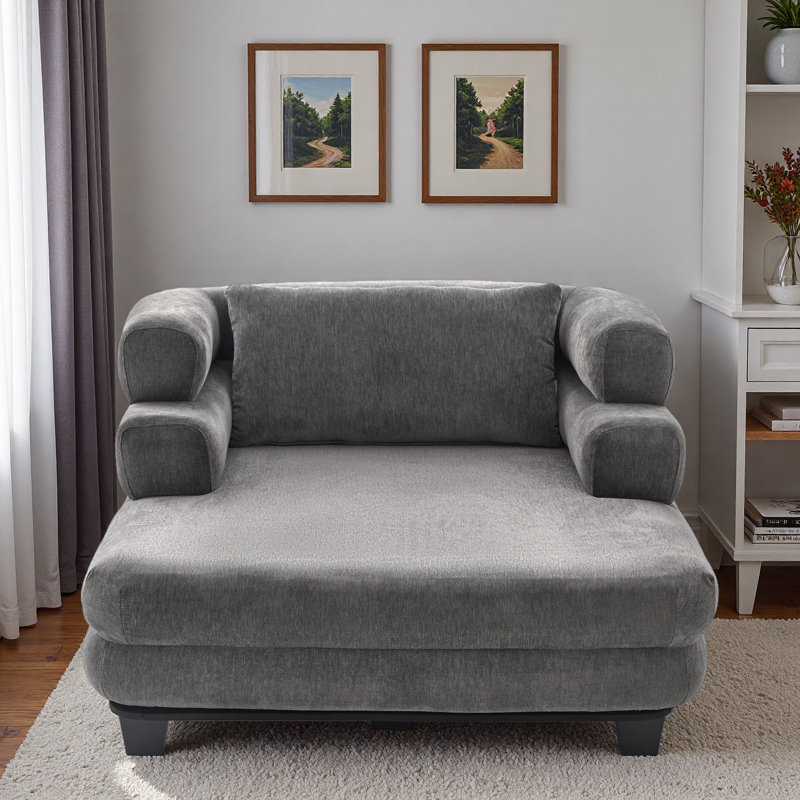 Chaise longue moderne en chenille avec assise profonde et accoudoirs superposés, Gris
