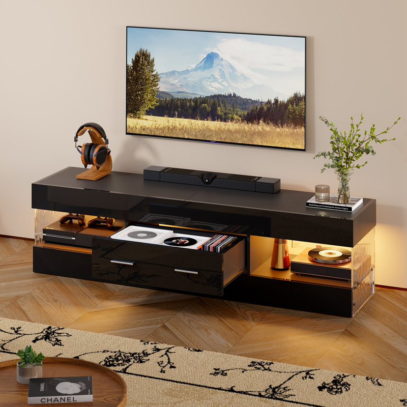 Modern Tv Stand For Tvs Up To 70" With Led And Drawer, 40cm H x 152.4cm W x 35cm D, Black