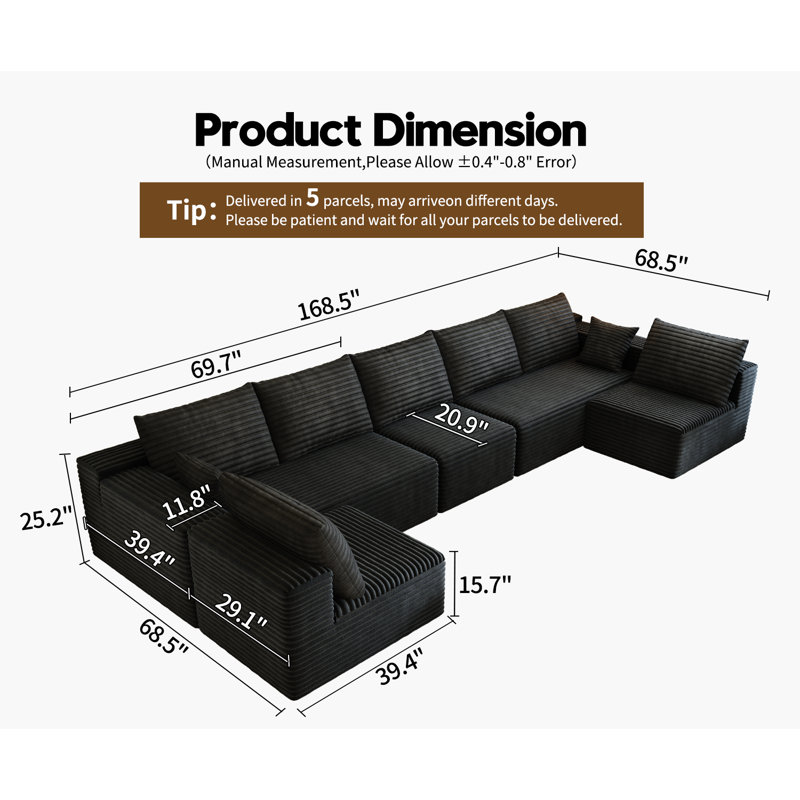 168.5" Modular Sectional Sofa, Oversized U-Shaped Minimalist Couches with 3 Middle Seats  Chaise, Modern Deep Seat Convertible Sleeper Sofa, Cloud Plush Corduroy Fabric,7 Seater
