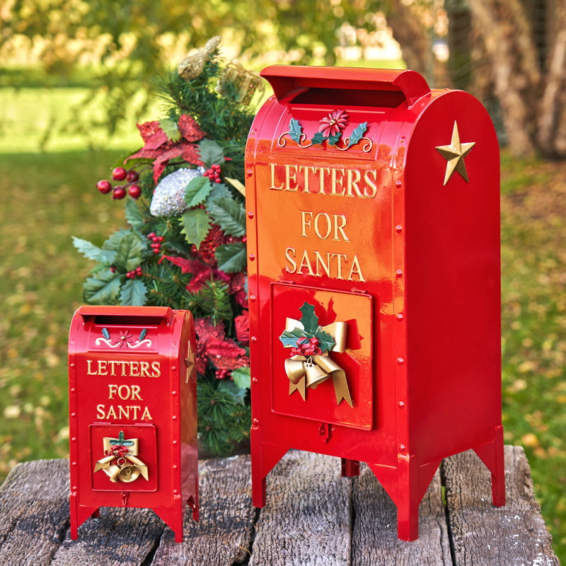 Set of 2 Glossy Red Iron Christmas Mailboxes with Gold Details