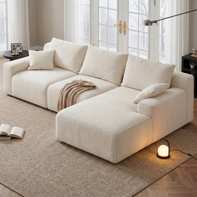 Boneless 97" L L-Shaped Boneless Sofa with Chaise Lounge, Tool-Free Setup, Modular Sectional Couch with Ottoman & Pillow for Living Room, Bedroom, Upholstered Corduroy/Checkered Couch