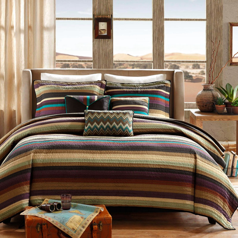 Courtepointe réversible multicolore pour lit simple / simple TG, microfibre, rayures terreuses, rayures sarcelle mauve Zig Zag, motif à rayures, coussins décoratifs, filet avec