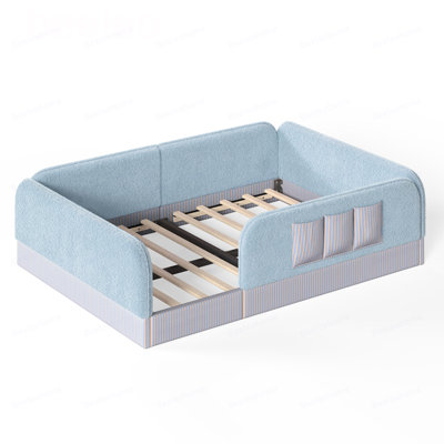 Queen Size Kids Soft Upholstered Floor Bed, Low to Ground Bed with Full Surround Safety Rails, Side Storage Pocket, Cozy Teddy Fleece Frame