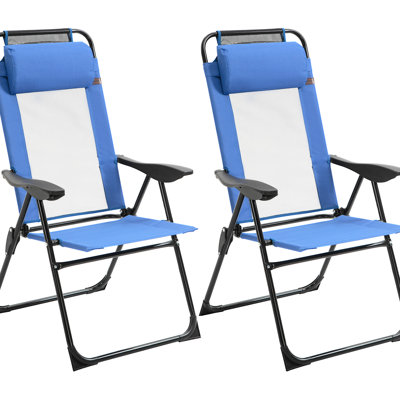 Ensemble de 2 chaises de patio pliantes, chaise bleue à dossier inclinable réglable avec appui-tête amovible pour une utilisation à l'extérieur, jardin, pelouse, cour et