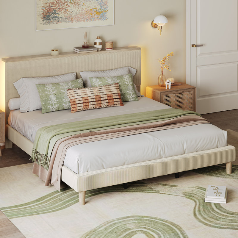 Abe Upholstered Platform Bed Frame with Storage Headboard and LED Lighting, Queen, Beige