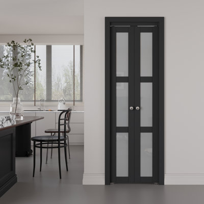 Portes pivotantes à trois vantaux en bois massif, âme pleine, 24 po x 80 po, verre dépoli, avec quincaillerie incluse (idéales pour garde-robe, garde-manger, buanderie, salle de bain)