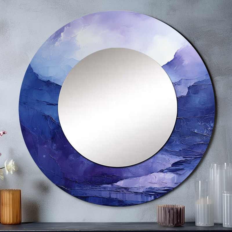 Indigo Dreams I - paysage décoratif, miroir mural rond moderne, impression d'art en métal, 29 po x 29 po