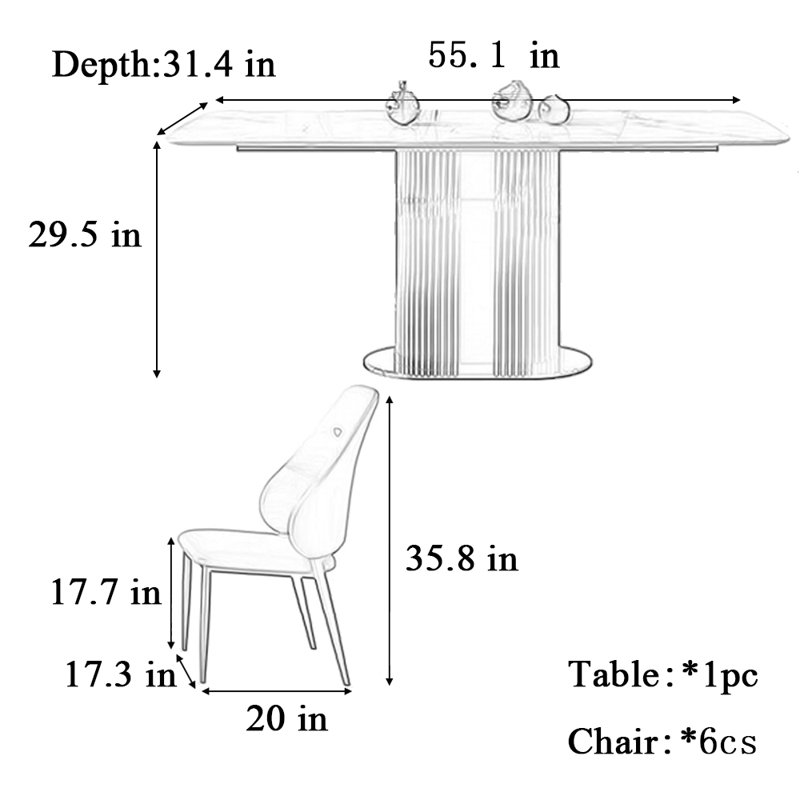 High-end bright rectangular dining table and chair, 29.5"H x 55.1"L x 31.4"W