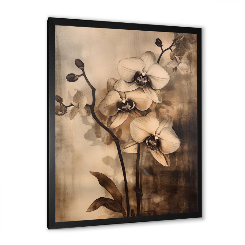 Orchidées exotiques brunes sur toile, Cadre simple noir, H 44 po x l 34 po x P 1,5 po