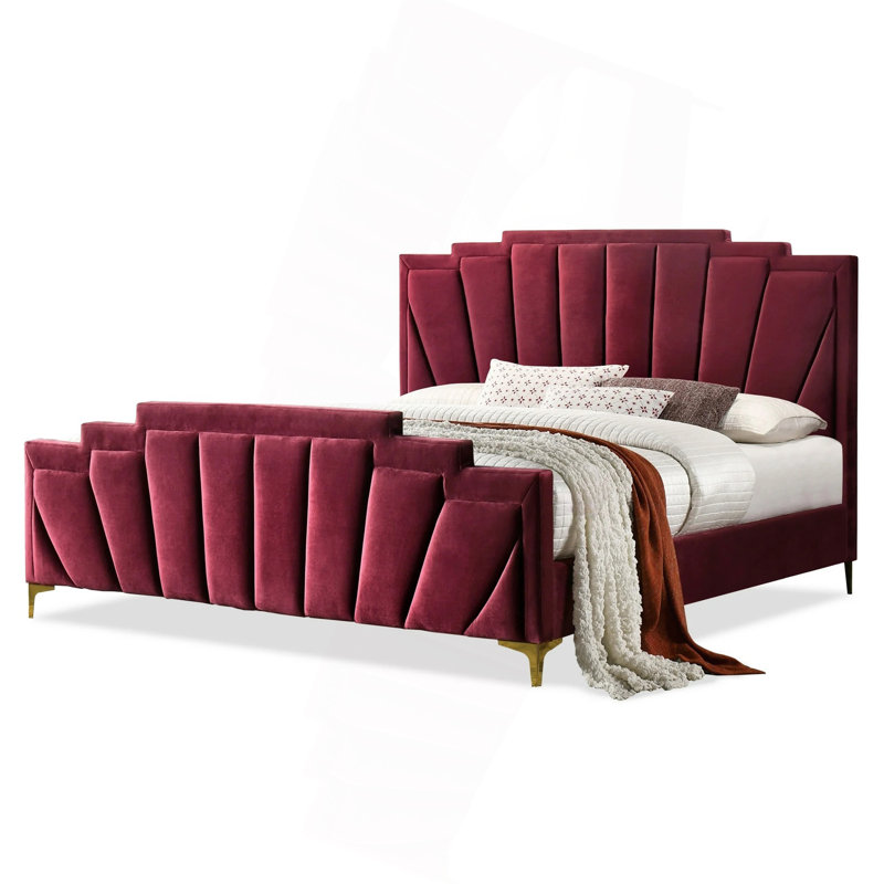 Flanelle rouge Glam Classic entièrement rembourrée, très grand lit, capitonnage, base de lit rembourrée 1pc, pieds en acier enduit doré