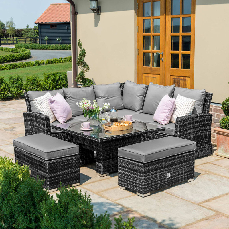 Bertrand Rattan Corner Bench Set - with Rising Table, Black, Grey