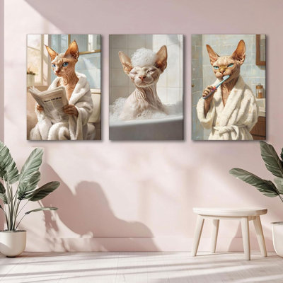 3 pièces drôle de salle de bain chat toile art chat Sphynx décoration murale animaux éclectique salle de bain affiches impressions pour toilettes toilettes décoration de la maison se préparent à accrocher affiche