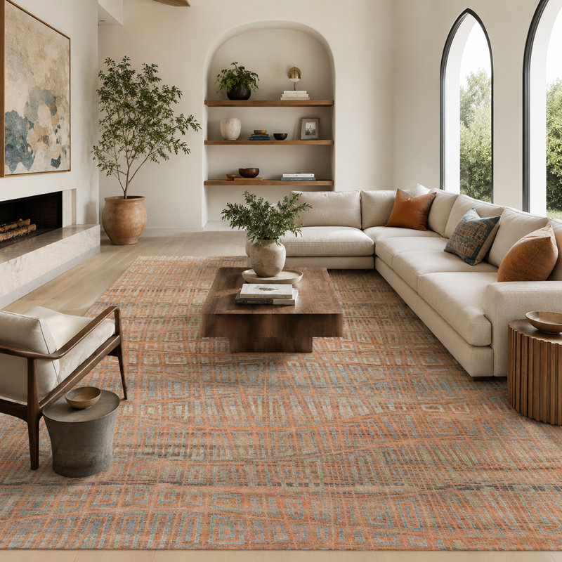High-Quality Hand-Knotted Orange And Grey Area Rug, Rectangle 8' x 10'
