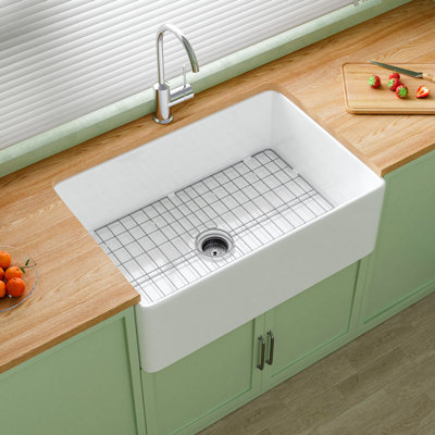 Évier de ferme à tablier frontal en argile réfractaire 30 po x l 20 po pour cuisine et buanderie, évier de ferme blanc à simple cuve, 2 accessoires personnalisés inclus