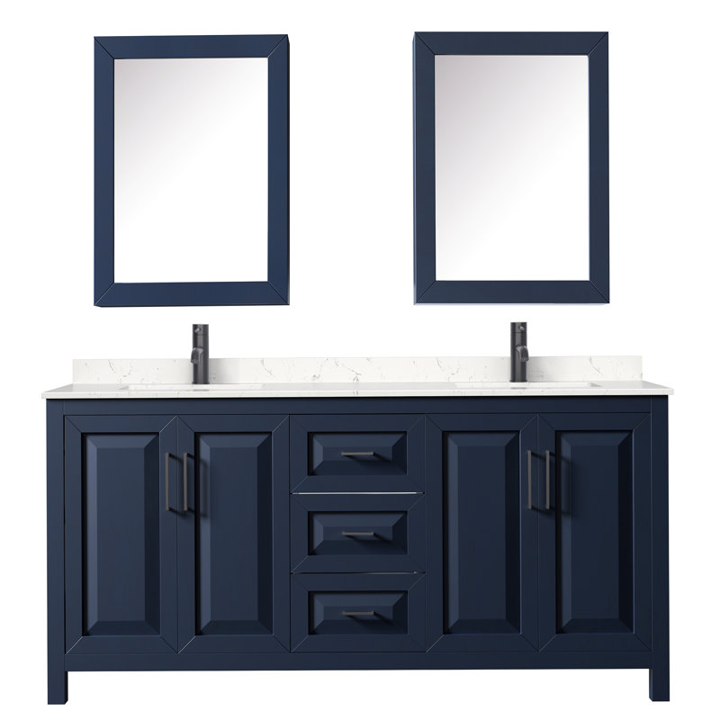 Daria 72'' W Double Vanity, Dark Blue, Carrara Cultured Marble, Matte Black
